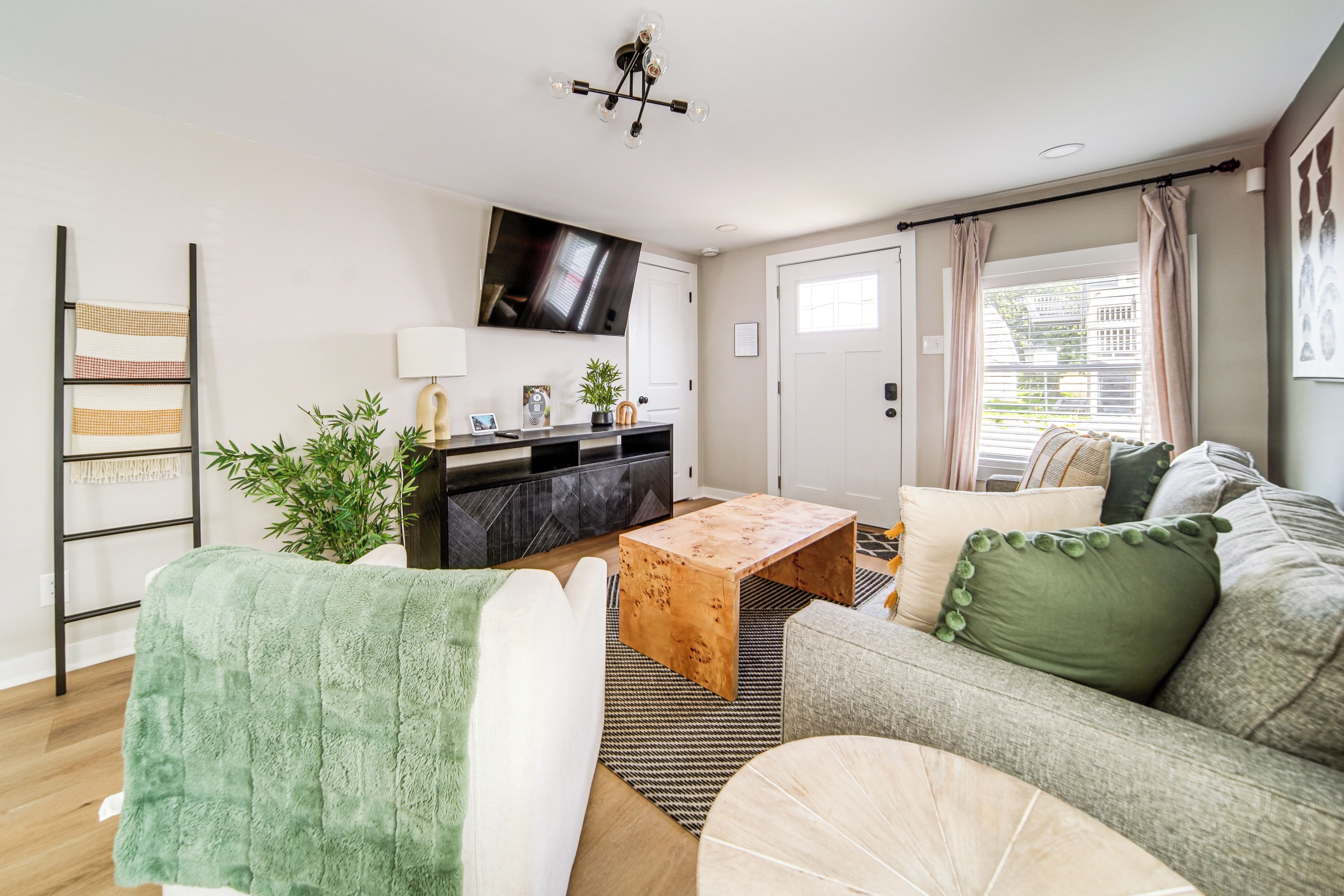 A modern living room with a sofa, coffee table, TV, and a plant.
