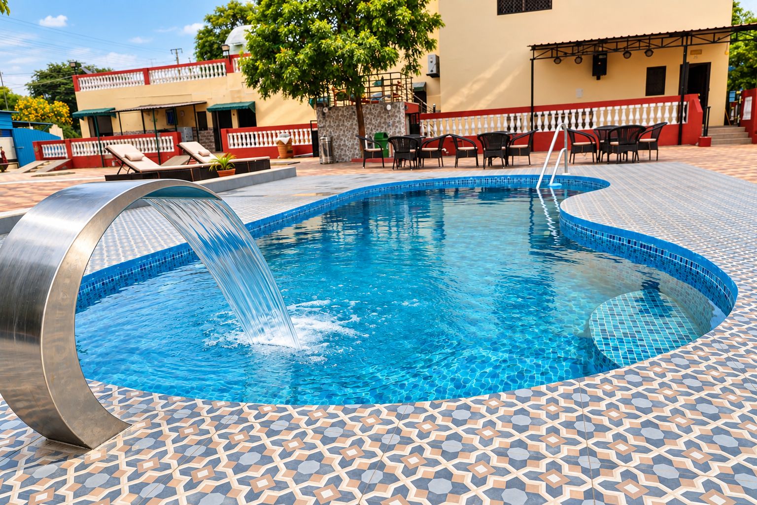 Une piscine agrémentée d’un élément décoratif aquatique, entourée d’un sol carrelé à motifs et de coins salons extérieurs.