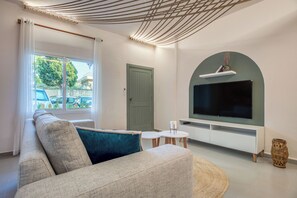 Studio, 1 Double Bed, Balcony, City View | Living area | 55-inch Smart TV with digital channels, streaming services