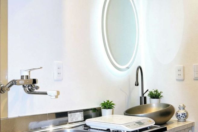 A modern bathroom with a large mirror, a sink with a vessel basin, a scale, and a small potted plant.