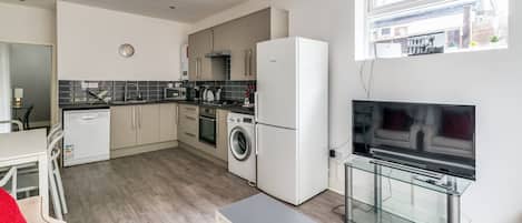 Fridge, microwave, dishwasher