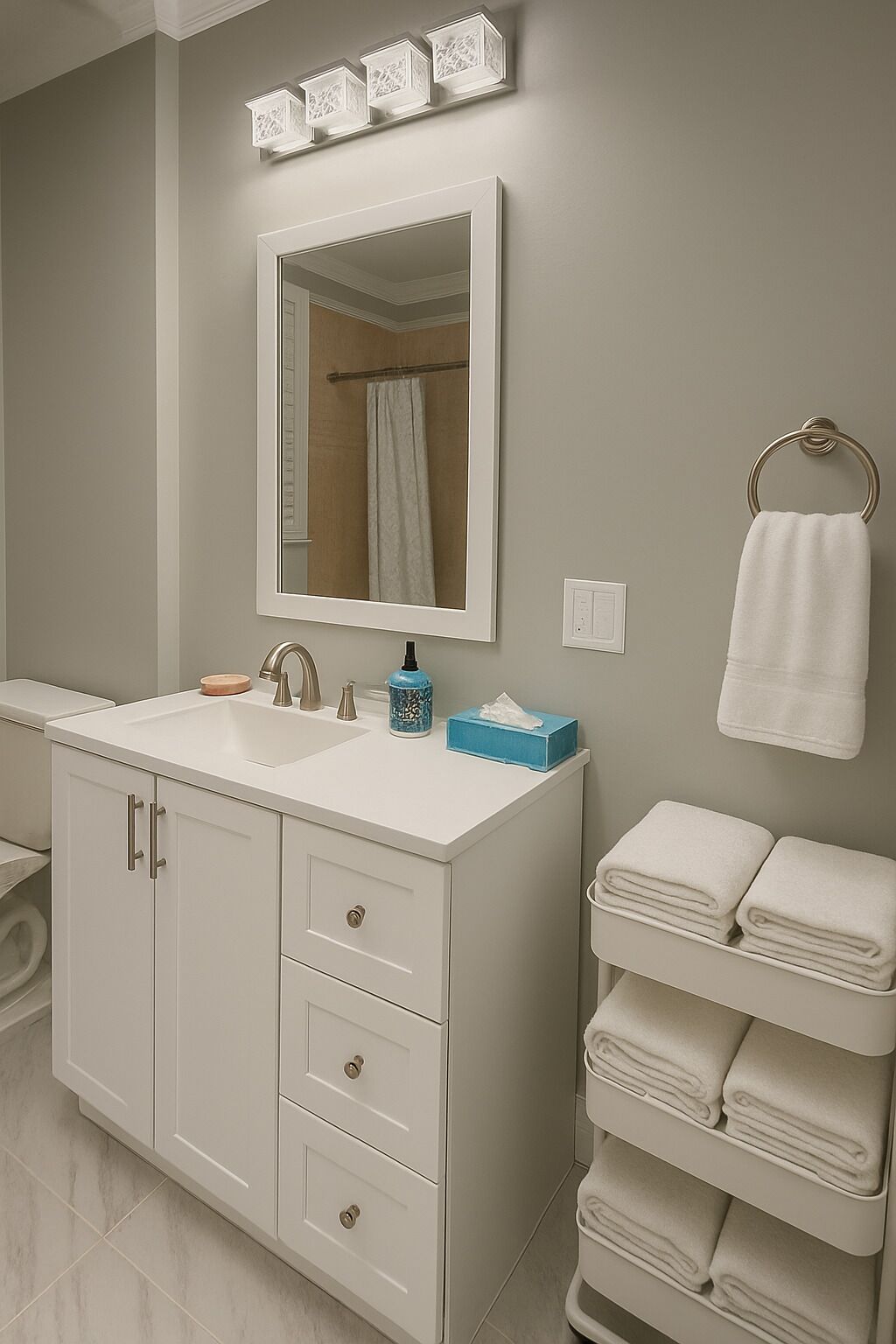 Secadora de cabello, toallas, jabón, papel de baño 