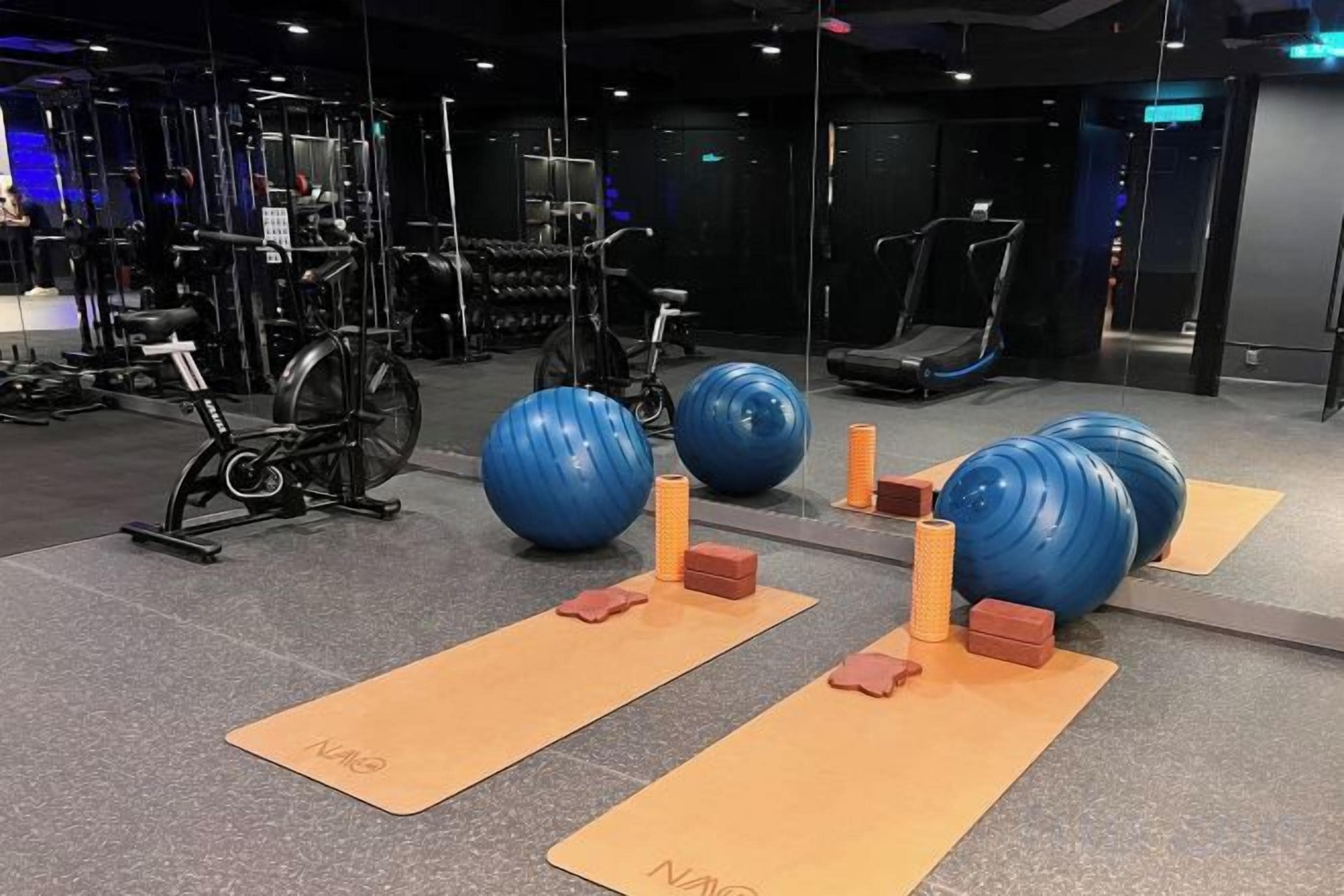 A gym with exercise equipment, yoga mats, and large exercise balls.