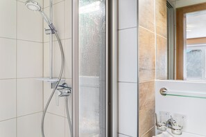 Shower, hair dryer, towels - Room '11' with Mountain View, Shared Terrace and Wi-Fi (Nesselwängle)