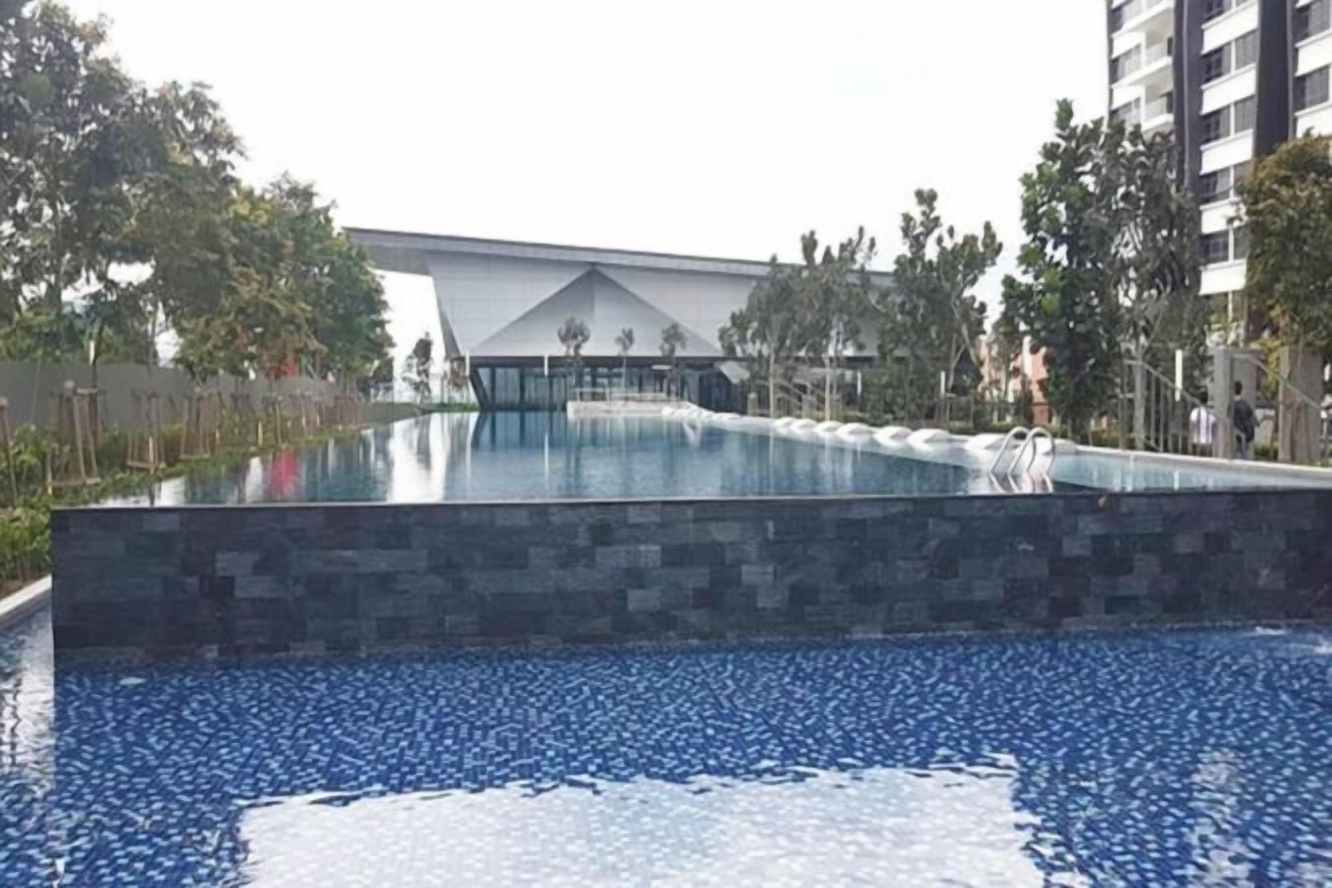 Una piscina con borde de azulejos, rodeada por un muro bajo y árboles.