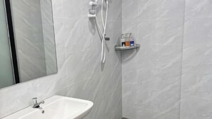 Een badkamer met een witte wastafel, een spiegel en een douche met een handdouche.