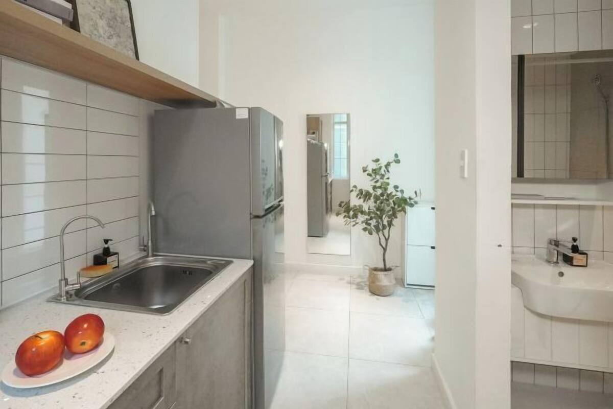 A modern kitchen with a stainless steel sink, a refrigerator, and a potted plant.