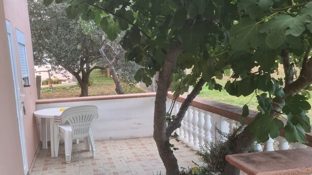 A patio with a white table and chairs, a small tree, and a white railing. - Apartments Rubbi - Studio with Terrace (Vrsi)