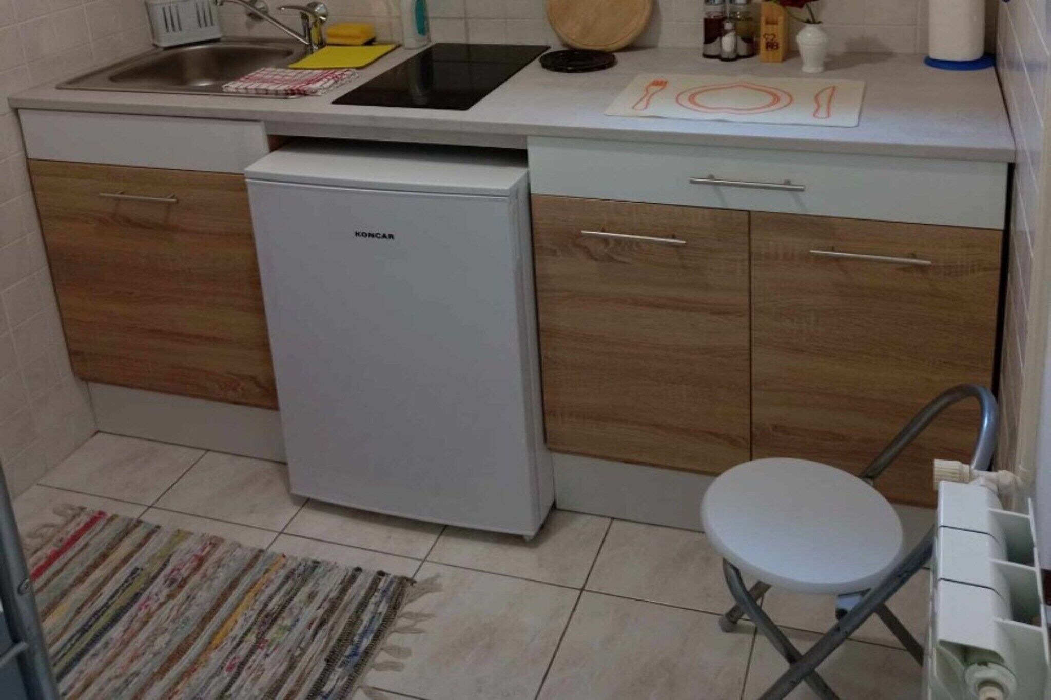 冷蔵庫、コンロ、コーヒー / ティーメーカー、ダイニングテーブル