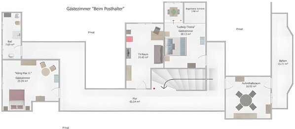 A hotel layout with private rooms, a TV room, and a balcony.