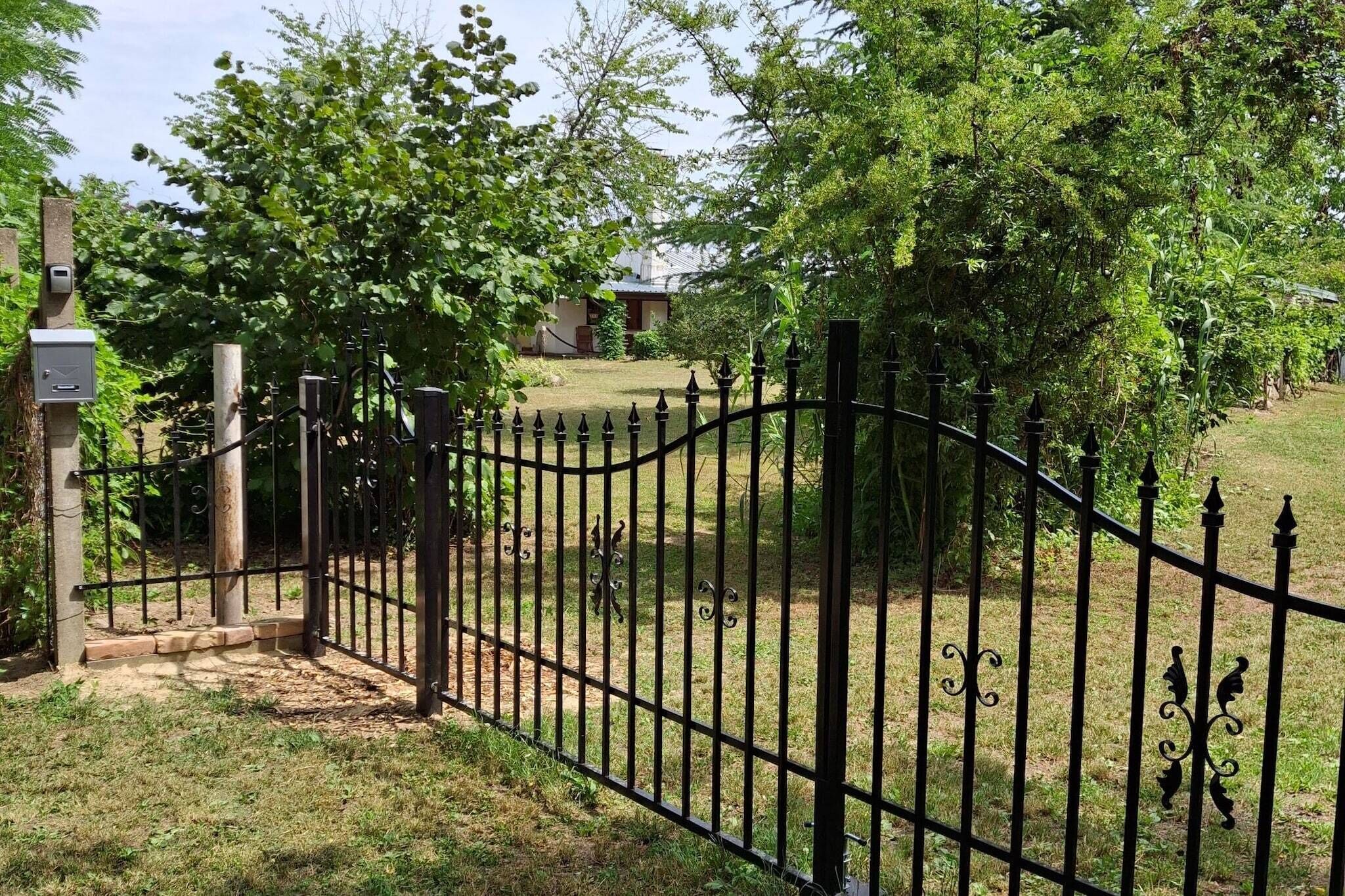 A gated area with a metal fence, a utility box, and a grassy lawn.