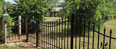 A gated area with a metal fence, a utility box, and a grassy lawn.