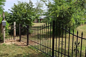 A gated area with a metal fence, a utility box, and a grassy lawn.