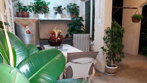 A small patio area with a table and chairs, surrounded by various potted plants and a hanging plant. - Holiday home with parking and 2 rooms (Dubrovnik)