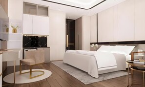 A modern bedroom with a bed, a desk, and a chair. - Shakti Villa Dago (Coblong)