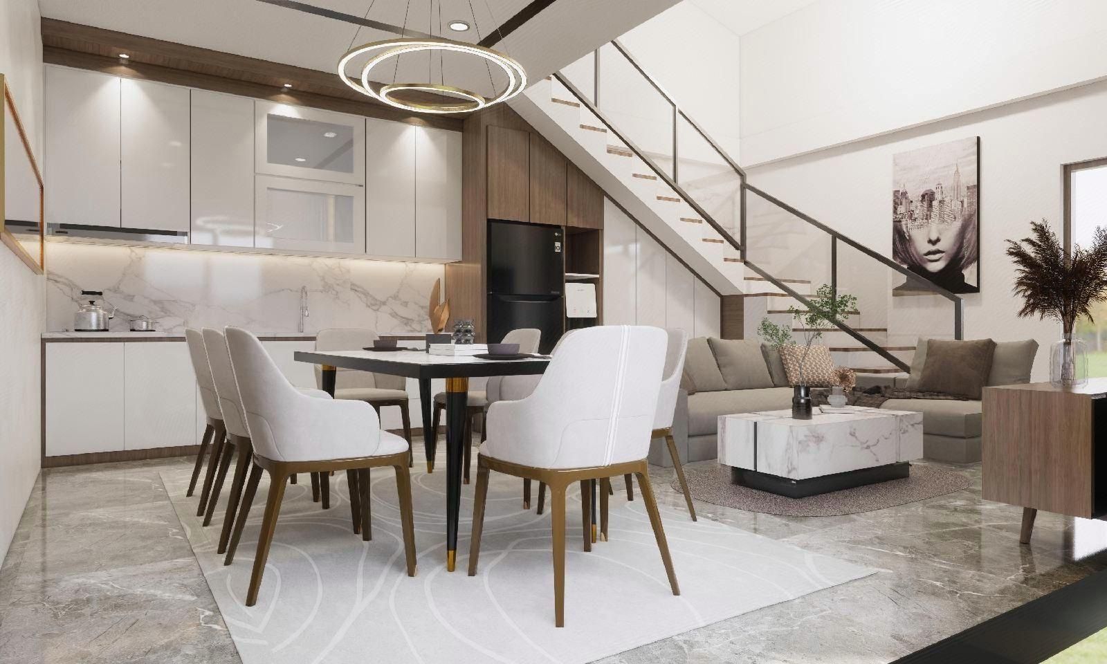 Ein modernes Interieur mit Essbereich, Küche, Treppe und Wohnbereich.