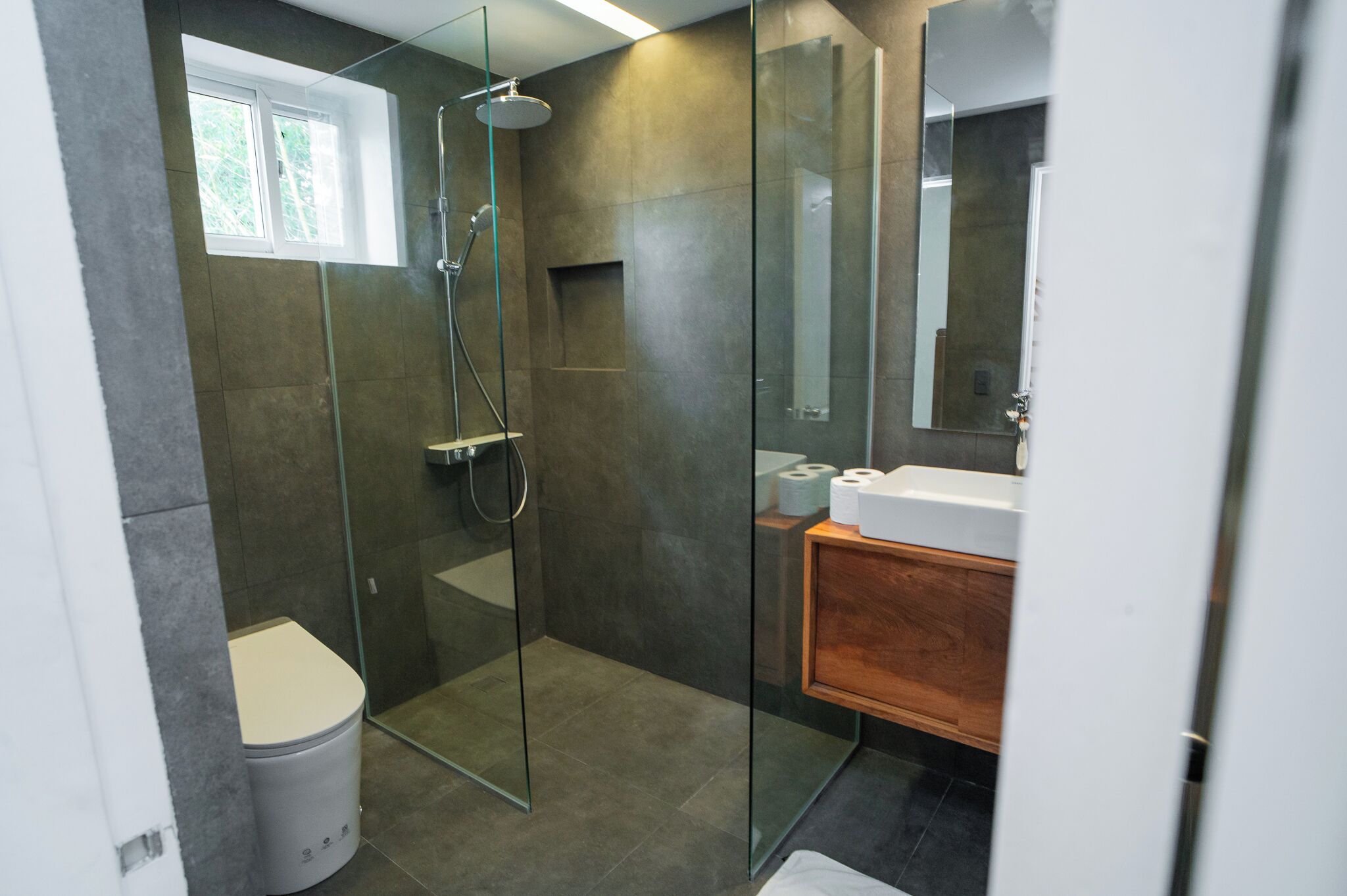 A modern bathroom with a glass-enclosed shower, a toilet, and a vanity with a mirror.