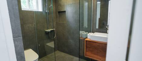 A modern bathroom with a glass-enclosed shower, a toilet, and a vanity with a mirror.