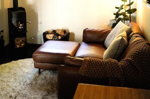 Smart TV, fireplace, books, stereo