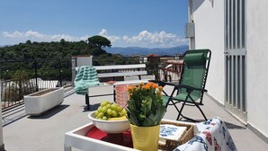 Een balkon met uitzicht op het landschap, een stoel, een tafel met een fruitschaal en een potplant.
