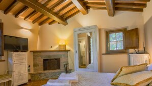 A bedroom with a bed, a television, a fireplace, and a window.