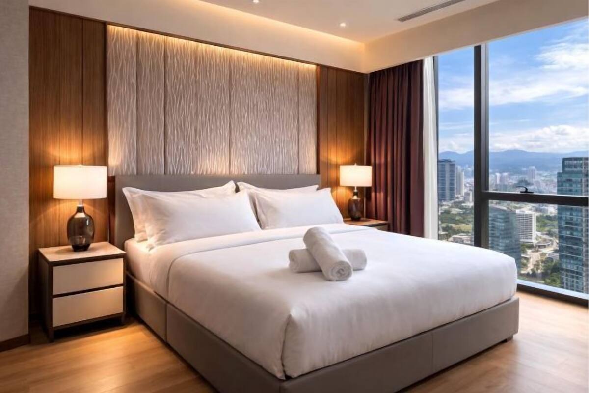 A modern hotel room with a large bed, two bedside tables with lamps, a view of the cityscape through large windows.