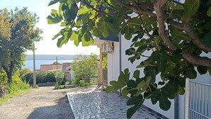 Ein gepflasterter Weg führt zu einem Gebäude mit Blick auf das Meer.