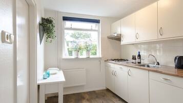 Een koelkast, een magnetron, een kookplaat, een vaatwasser