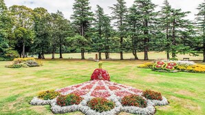 A park with a central flower arrangement, benches, and tall trees.