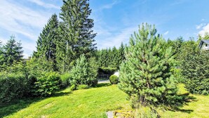 Un jardin bien entretenu, agrémenté de divers arbres et arbustes, avec un chemin bien défini et une pelouse.