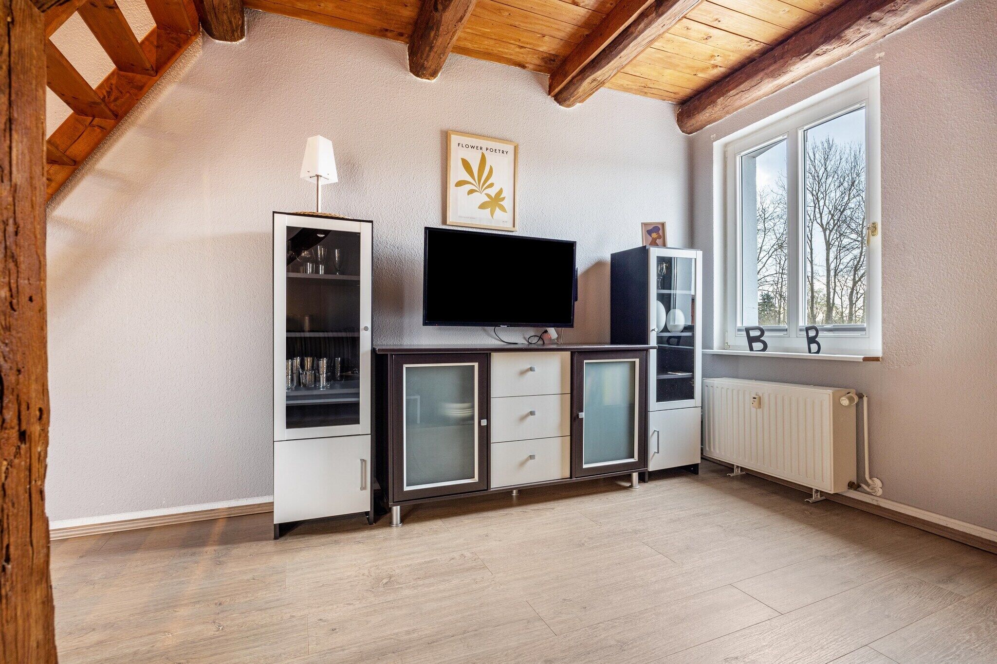 A room with a television, cabinets, a radiator, and a window with a view of trees.
