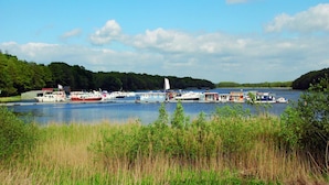 A marina with various boats docked, surrounded by lush greenery and a clear sky.