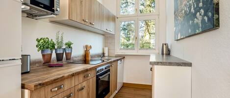 冷蔵庫、電子レンジ、オーブン、コンロ