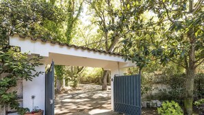 A gated entrance to a property with a stone pathway leading through a garden.