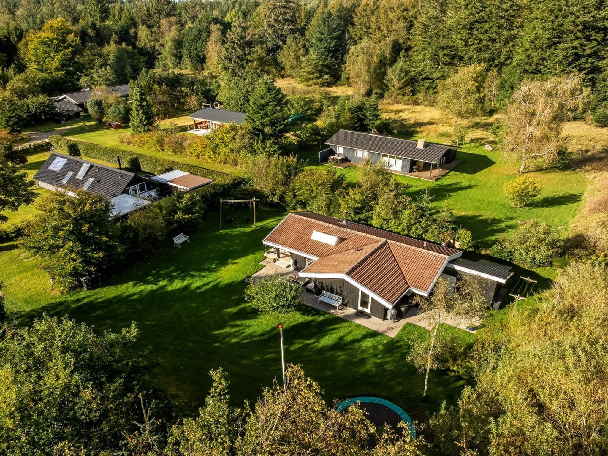 A residential area with multiple houses, a swimming pool, and a well-maintained lawn.