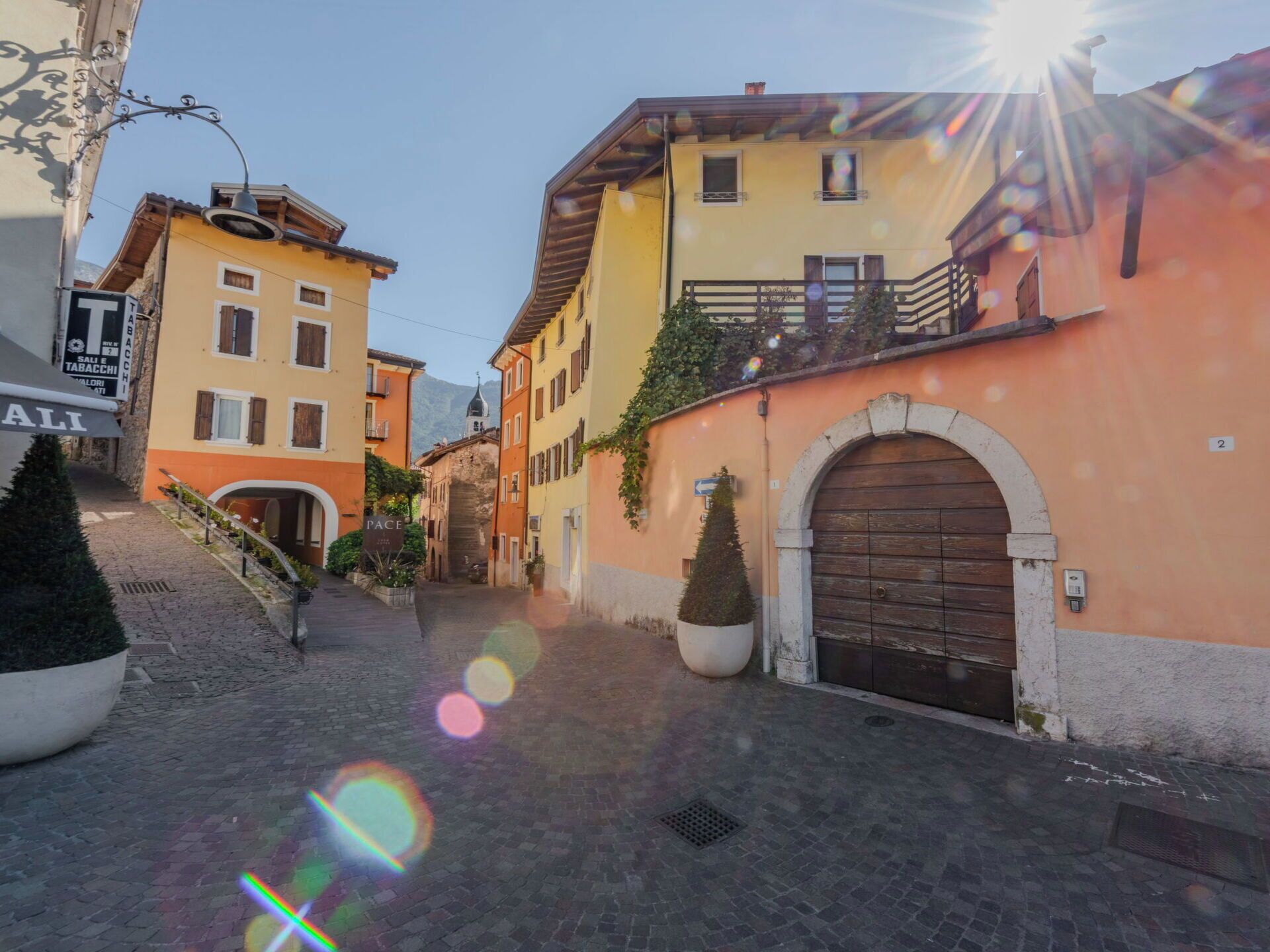 A narrow cobblestone street lined with colorful buildings, a large potted tree, and a closed wooden gate.