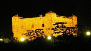 Ein großes, beleuchtetes, schlossartiges Gebäude bei Nacht.