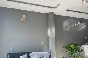 Een kamer met een donkergrijze bank, een wandlamp en een potplant.