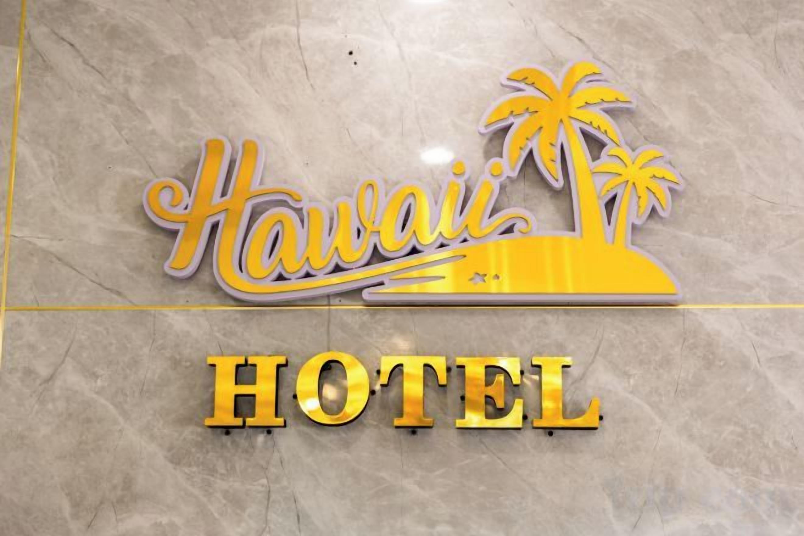 A hotel sign with the name 'Hawaii Hotel' and palm tree graphics.
