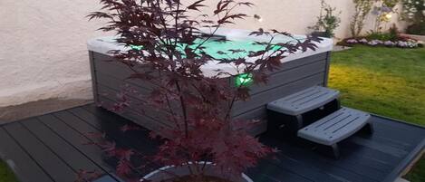 Un jacuzzi en una terraza con una planta en maceta al frente.