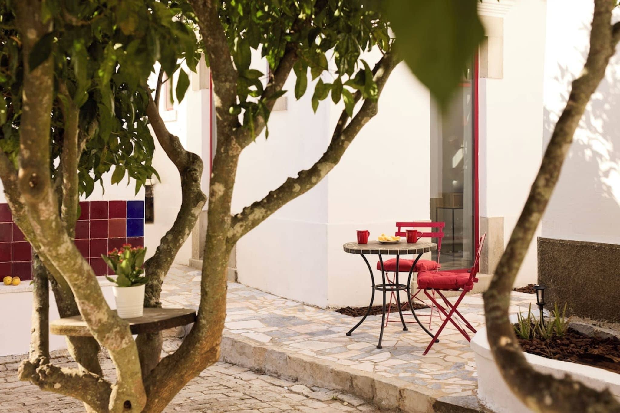 An outdoor patio area with a table and chairs, a potted plant, and a tiled floor.
