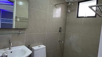 Hair dryer, towels, soap, toilet paper