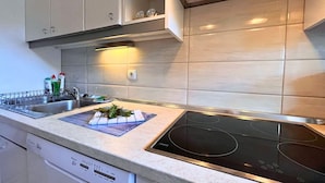 A modern kitchen with a built-in dishwasher, a stove, and a sink.