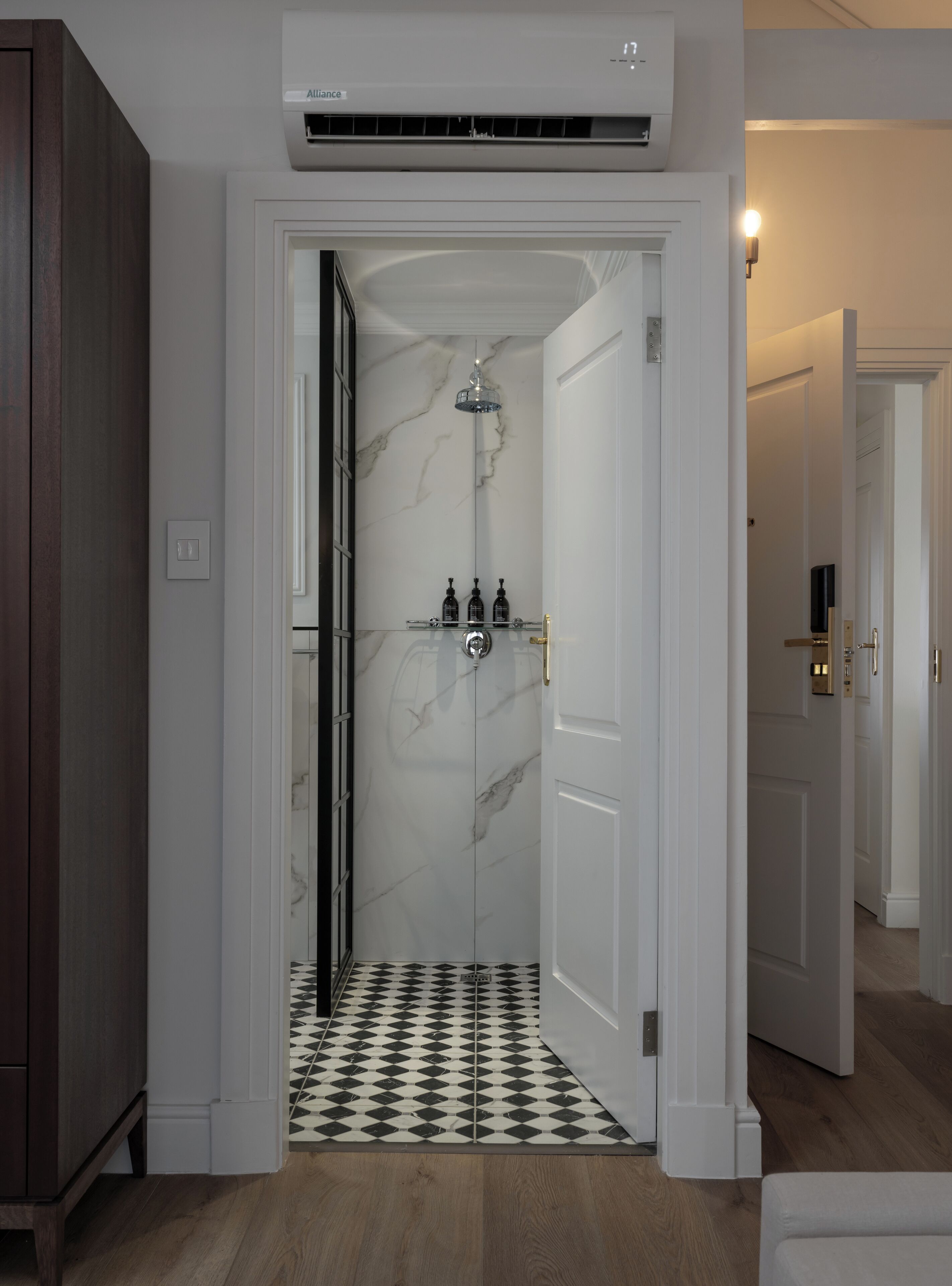 Separate bathtub and shower, hair dryer, towels, soap