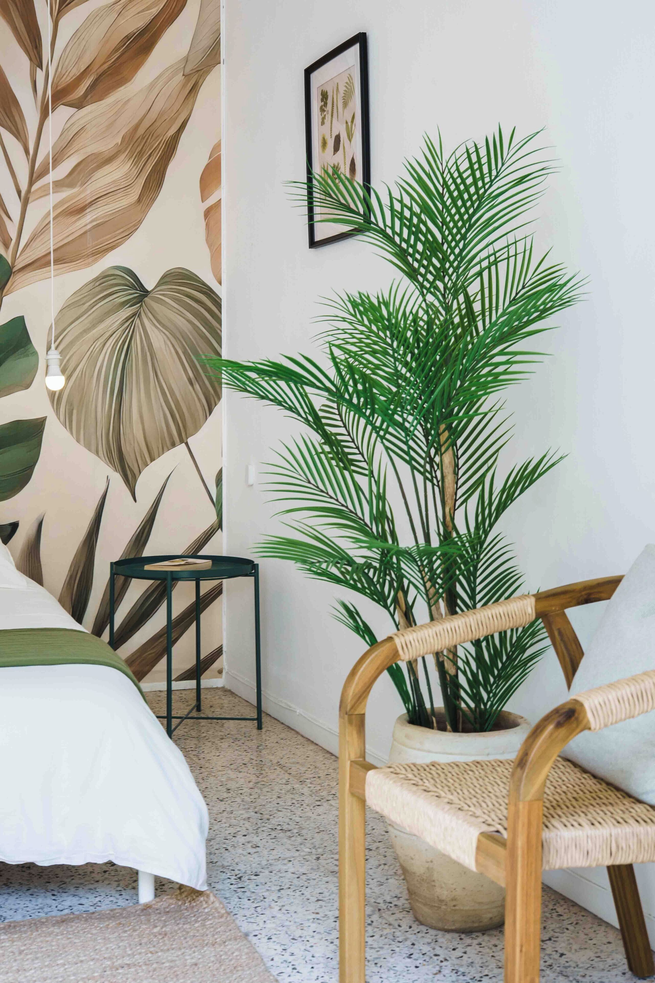 A bedroom with a large tropical leaf mural, a wooden chair, a small table, and a potted plant.