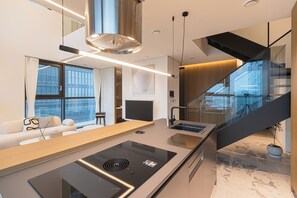 奢華公寓, 2 間臥室, 陽台, 城市景觀 | 私人廚房 | 大型冰箱、微波爐、烤箱、洗碗機