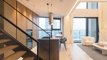 Luxury Apartment, 2 Bedrooms, Balcony, City View | Private kitchen | Full-size fridge, microwave, oven, stovetop