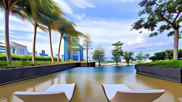 Ein moderner Poolbereich mit zwei Liegestühlen und freiem Blick auf die umliegende Landschaft.