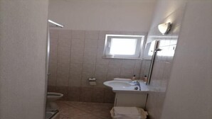 Un bagno piccolo con il water, un lavandino e una doccia.