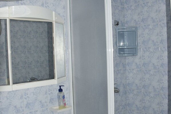 Un baño con ducha, espejo y dispensador de jabón en un estante.